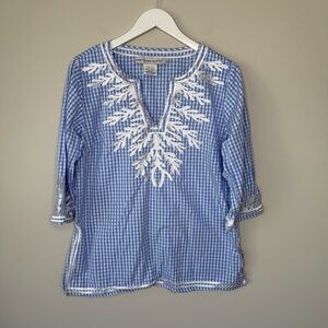 Gretchen Scott | Blue and White Gingham Embroidered Tunic Size Large